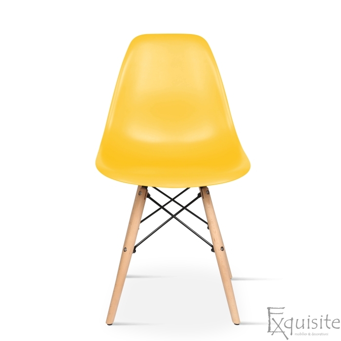 Scaun galben cu picioare din lemn, Scaun replica Eames1