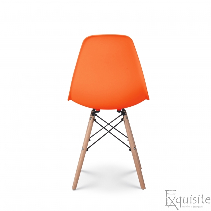 Scaun portocaliu din plastic cu picioare din lemn5