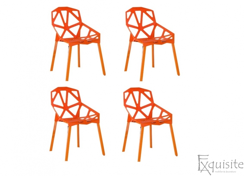 Set 4 scaune portocalii din plastic cu picioare metalice, design Spider1
