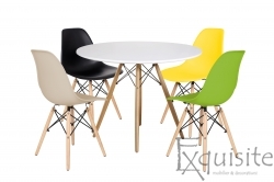 Masa rotunda din MDF cu 4 scaune din plastic cu picioare din lemn